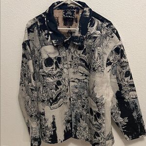 Rebel Vengeance Black and Cream Skeleton Graphic Button Up Jacket